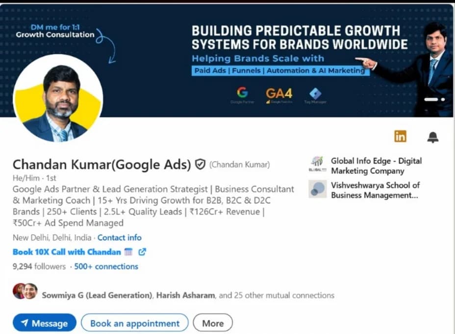 Optimised LinkedIn profile header for a client