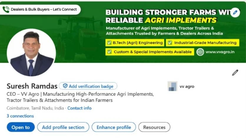 Optimised LinkedIn profile header - agri implements CEO